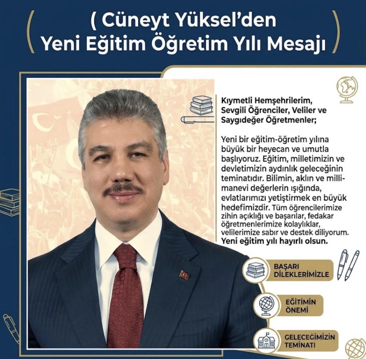 C&uuml;neyt Y&uuml;ksel&rsquo;den Yeni Eğitim &Ouml;ğretim Yılı Mesajı 