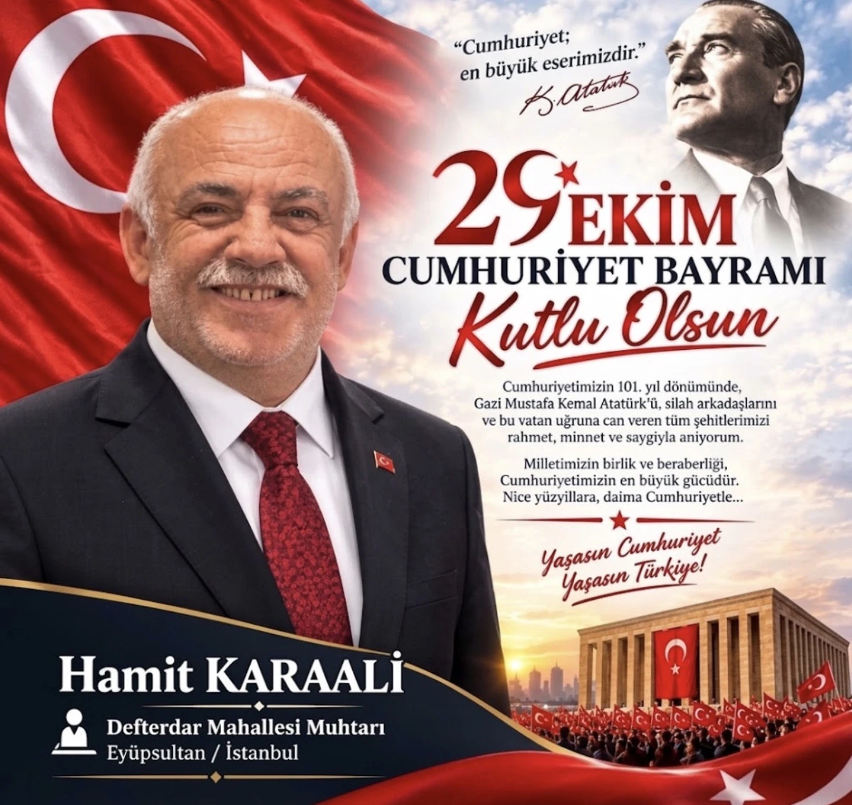 DEFTERDAR MAHALLESİ MUHTARI HAMİT KARAALİ&rsquo;DEN 29 EKİM CUMHURİYET BAYRAMI MESAJI 