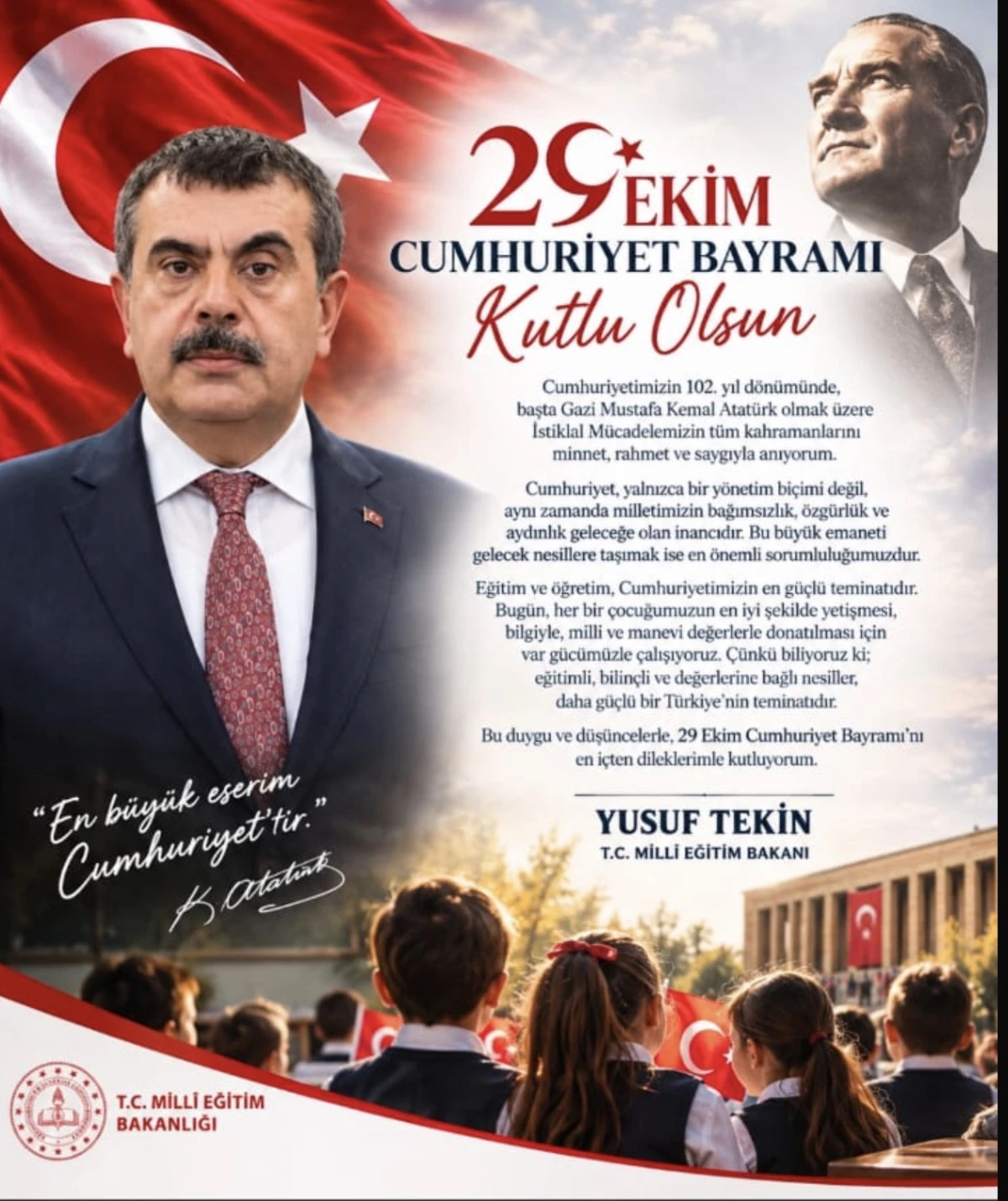 MİLL&Icirc; EĞİTİM BAKANI YUSUF TEKİN&rsquo;DEN 29 EKİM CUMHURİYET BAYRAMI MESAJI 