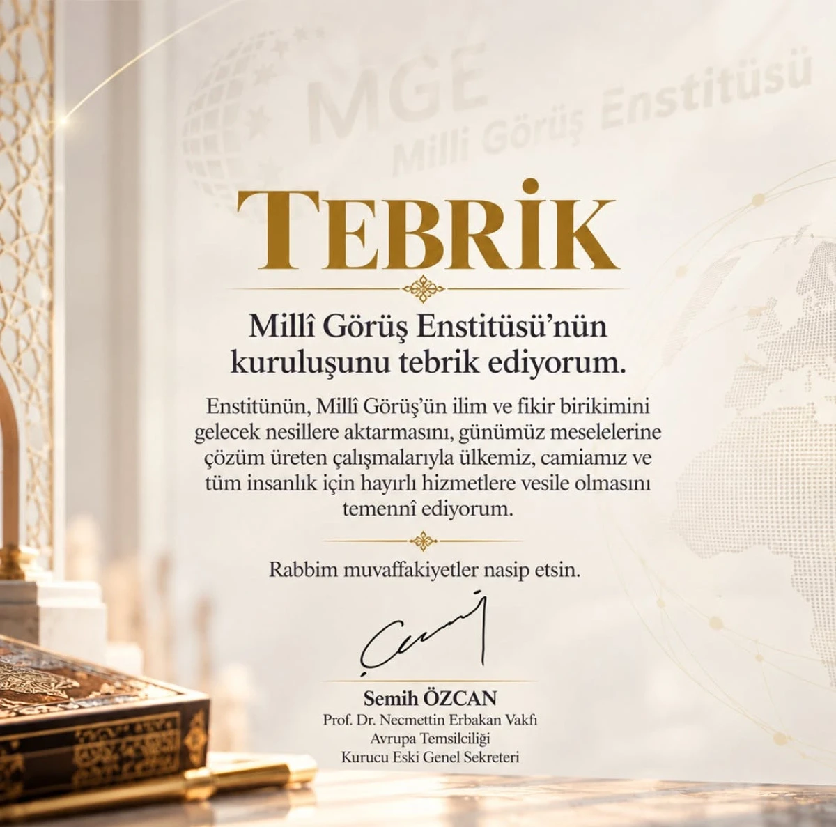 Milli G&ouml;r&uuml;ş Enstit&uuml;s&uuml;n&uuml;n Kuruluşunu Tebrik Ediyorum.